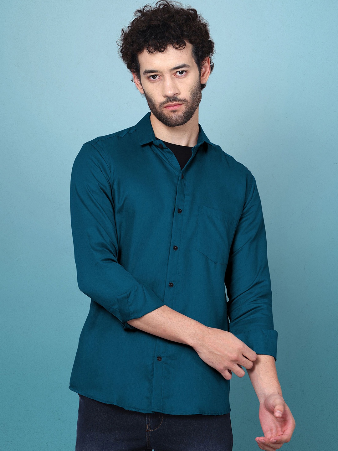 

WOXEN Men Original Fit Spread Collar Solid Cotton Casual Shirt, Teal