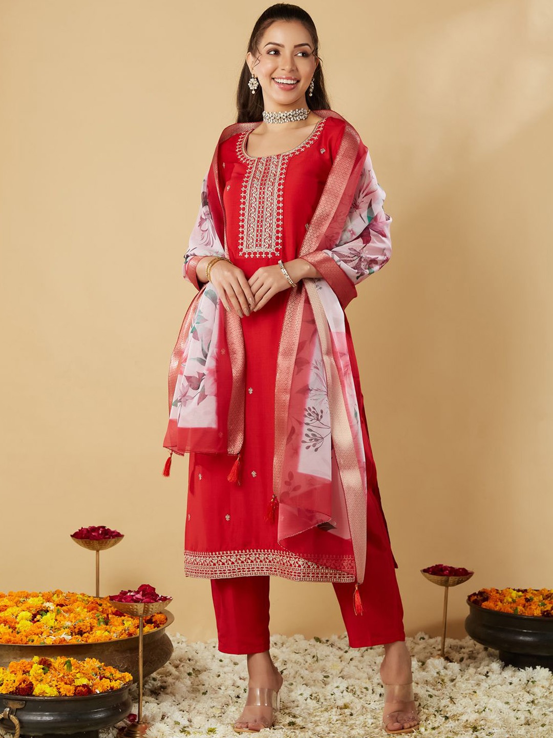 

MOKOSH Floral Embroidered Straight Kurta With Trousers And Dupatta, Red