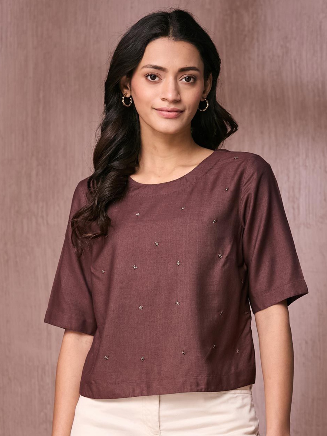 

Fabindia Women Embellished Boxy Crop Top, Brown