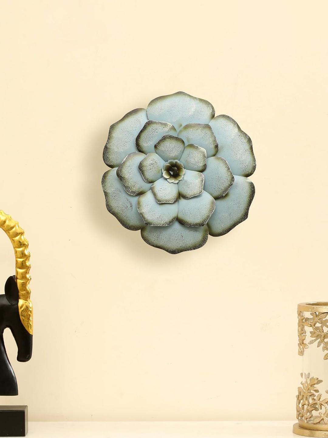 

vedas Mystic Indiana Blue & Olive Textured Metal Royal Flower Wall Decor
