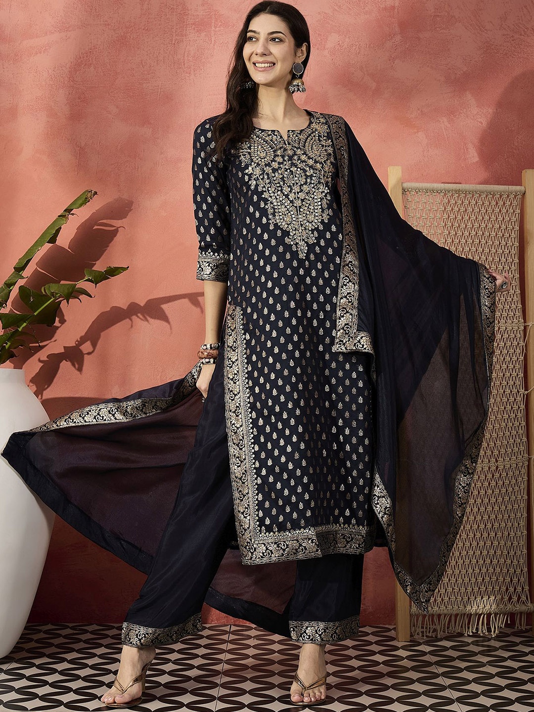 

Sangria Embroidered Round Neck Straight Kurta & Trousers With Dupatta, Navy blue