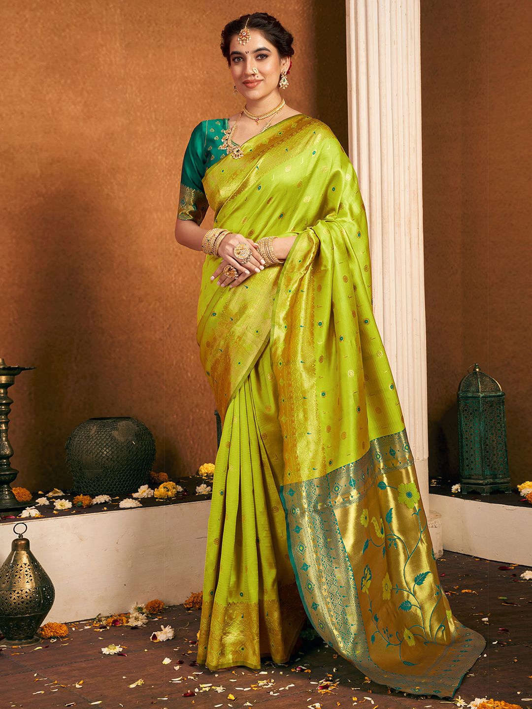 

KALINI Floral Woven Design Zari Paithani Saree, Olive