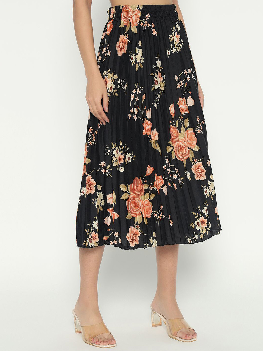 

Krunal Raiyani Women Floral Printed Accordion Pleats Midi A-Line Skirt, Black