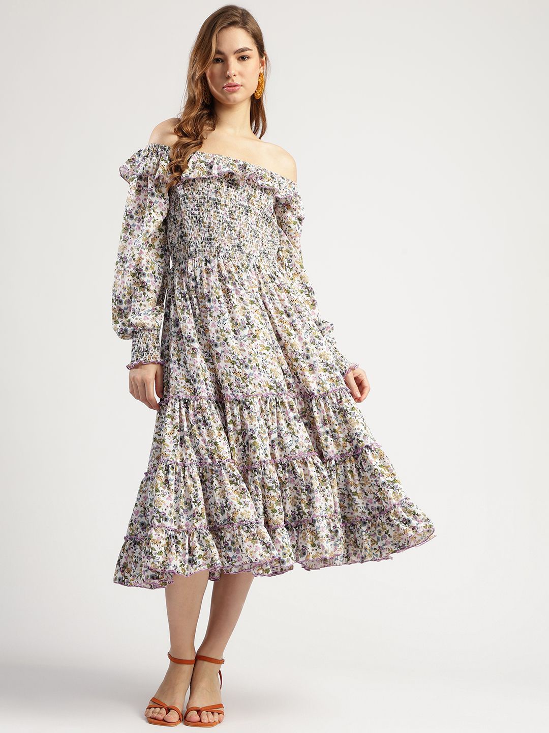 

T TRYON ULTIMATE Women Floral Printed Off-Shoulder Puff Sleeves Fit & Flare Dress, White