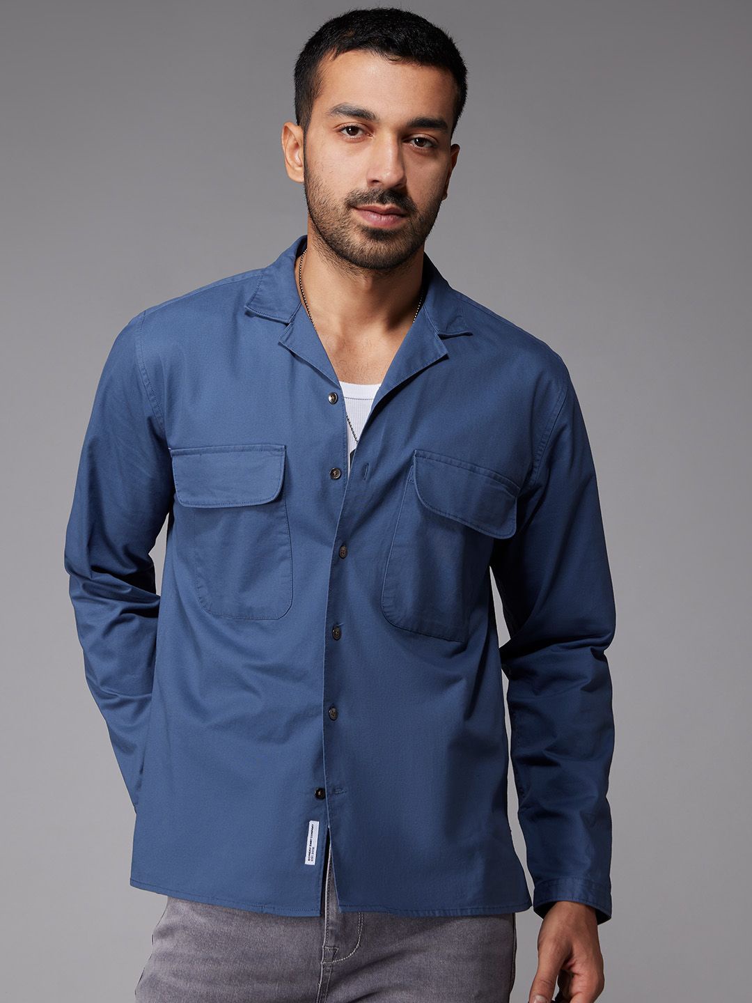 

Bombay Shirt Company Men Relaxed Fit Cuban Collar Solid Elastane Casual Shirt, Blue