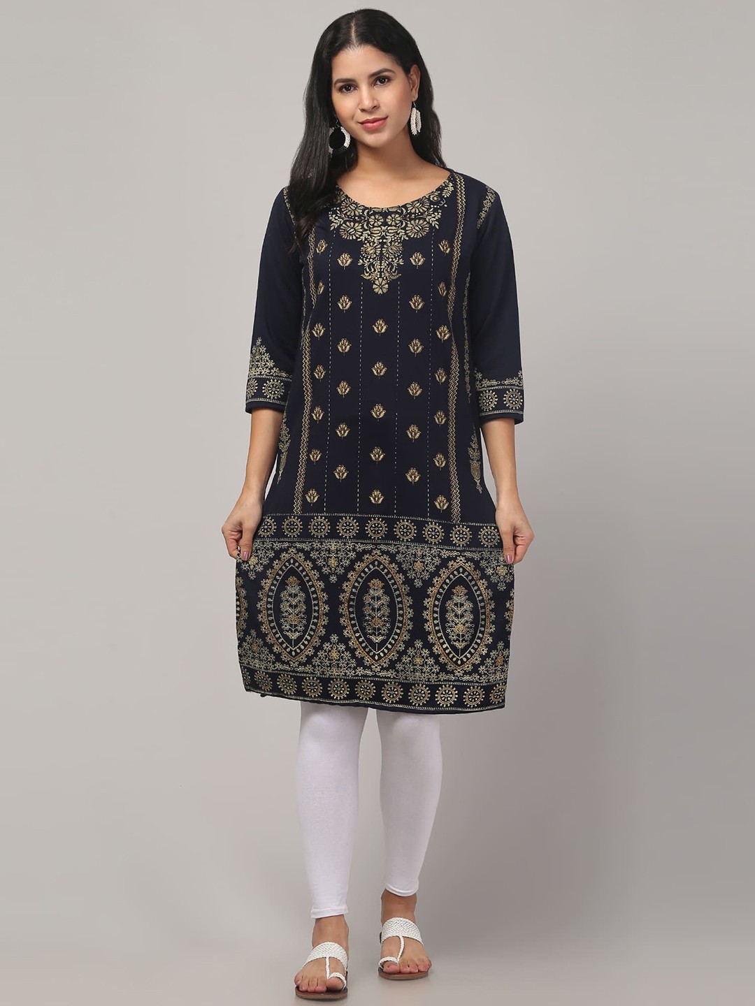

FAMBEE Floral Woven Design Round Neck Woollen Straight Kurta, Navy blue