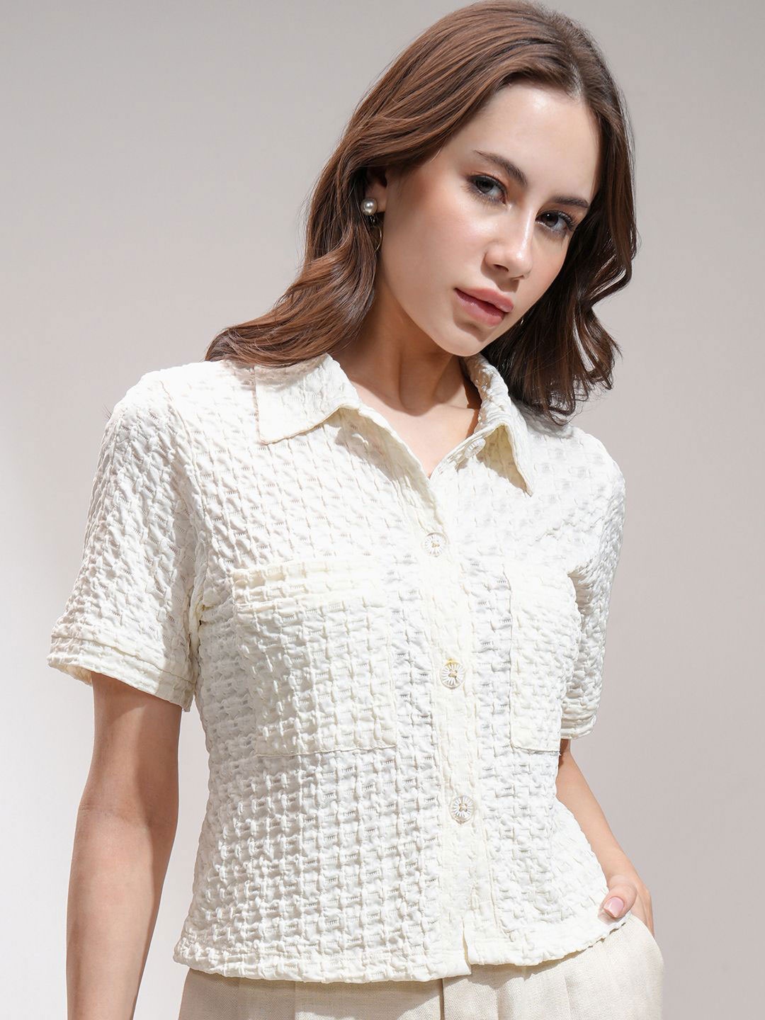 

ESPYR By Tokyo Talkies Women Self Design Casual Shirt, Cream