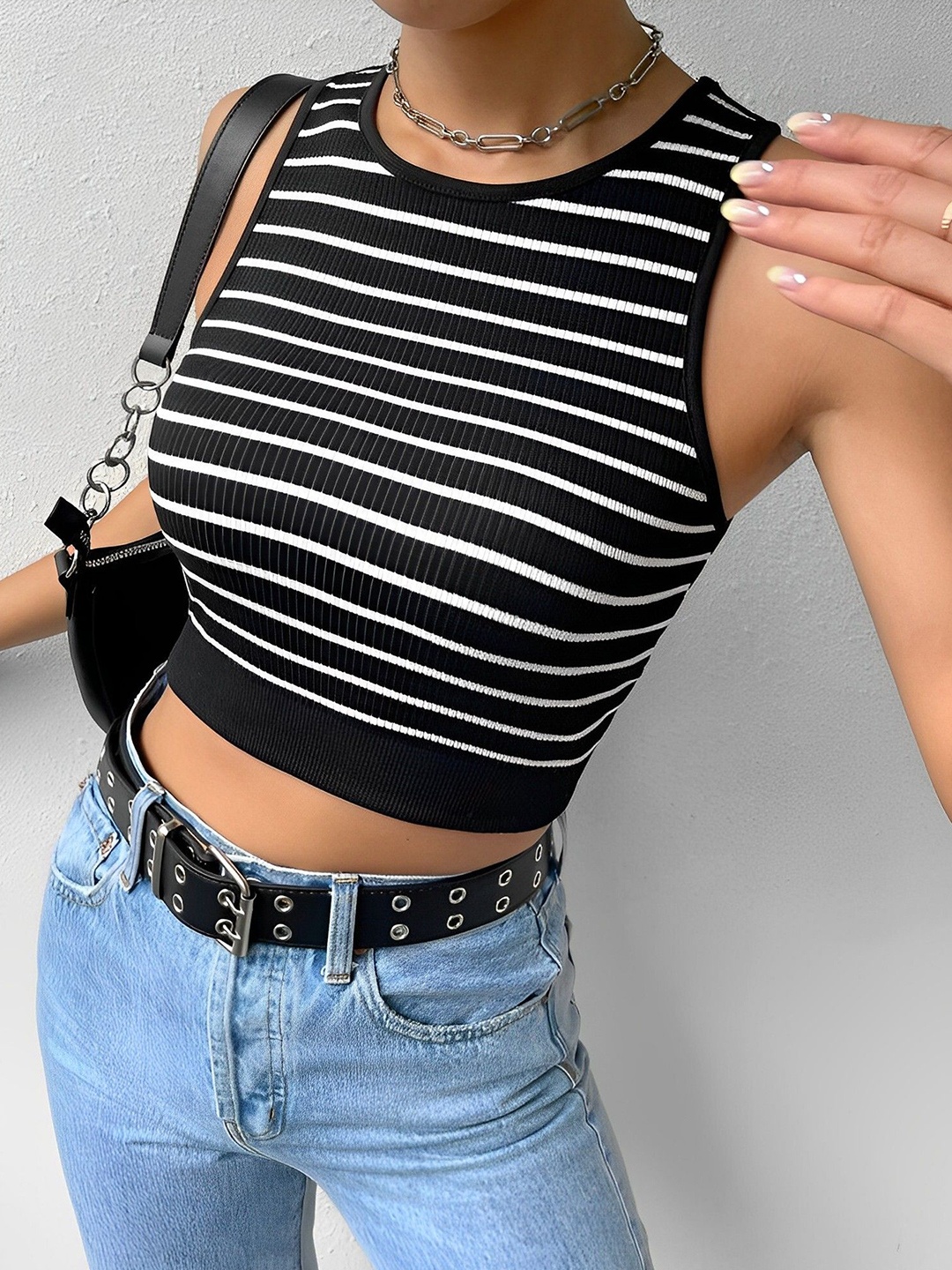 

sollobell Striped Cotton Crop Top, Black