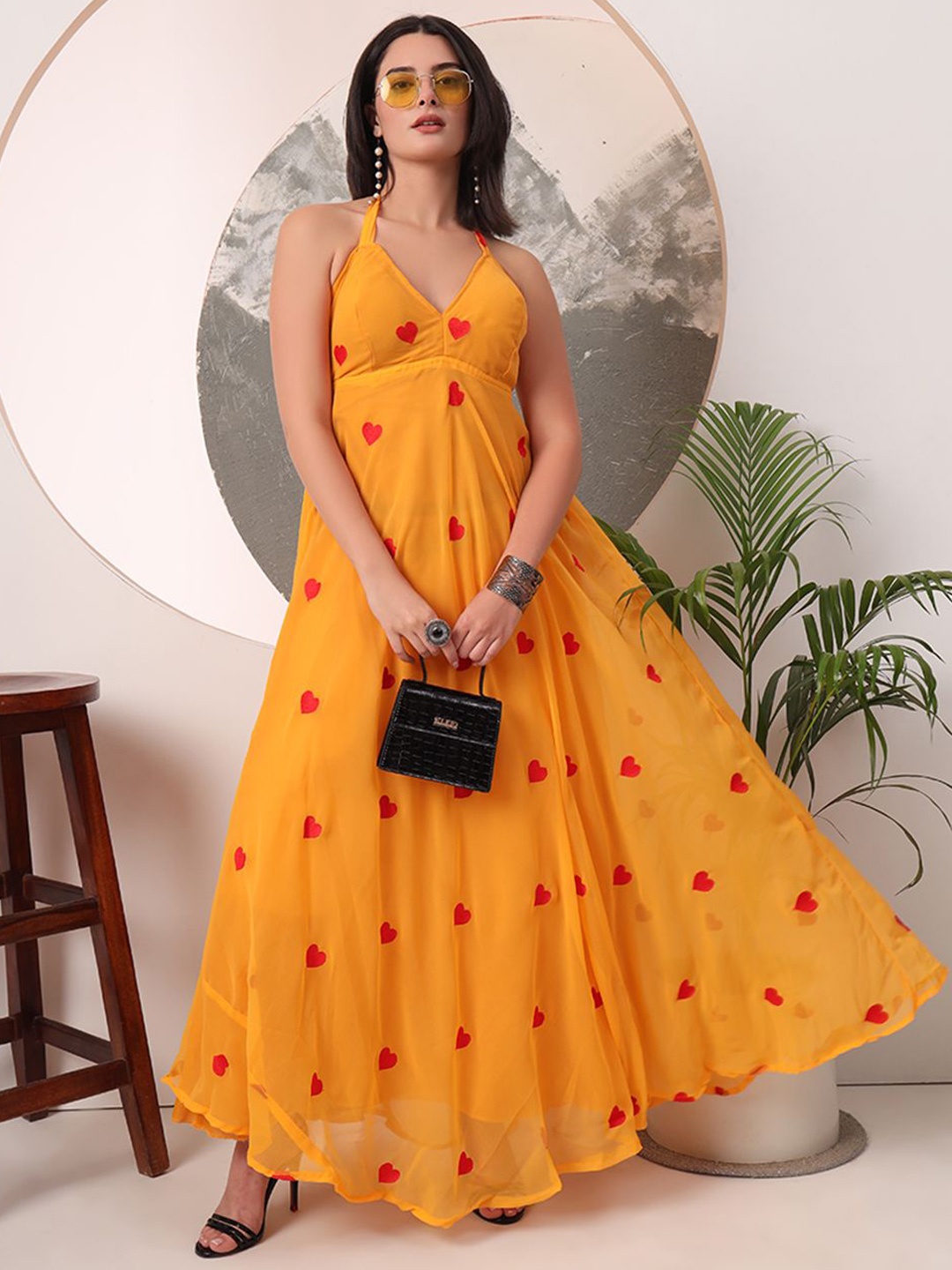 

PRENEA Women Embroidered Halter Neck Gown Dress, Yellow