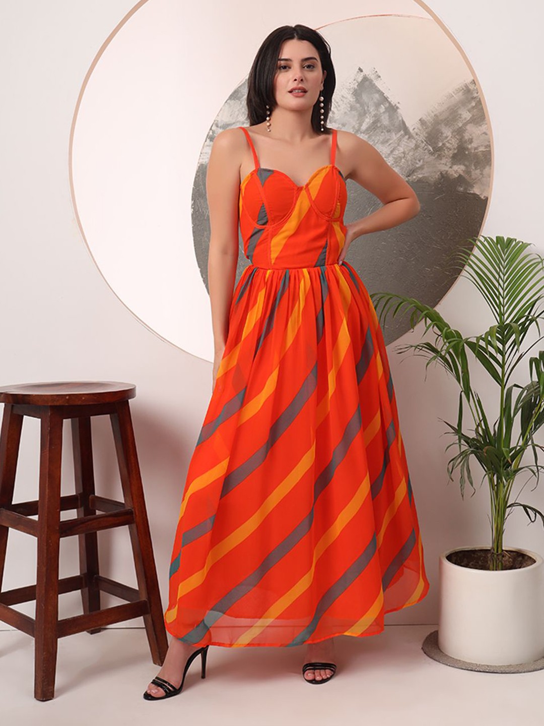 

Mitera Women Embroidered Halter Neck Georgette Gown Maxi Dress, Orange