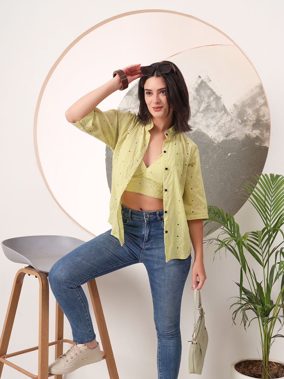 

KALINI Women Standard Band Collar Cotton Casual Shirt With Hakoba Bra, Green