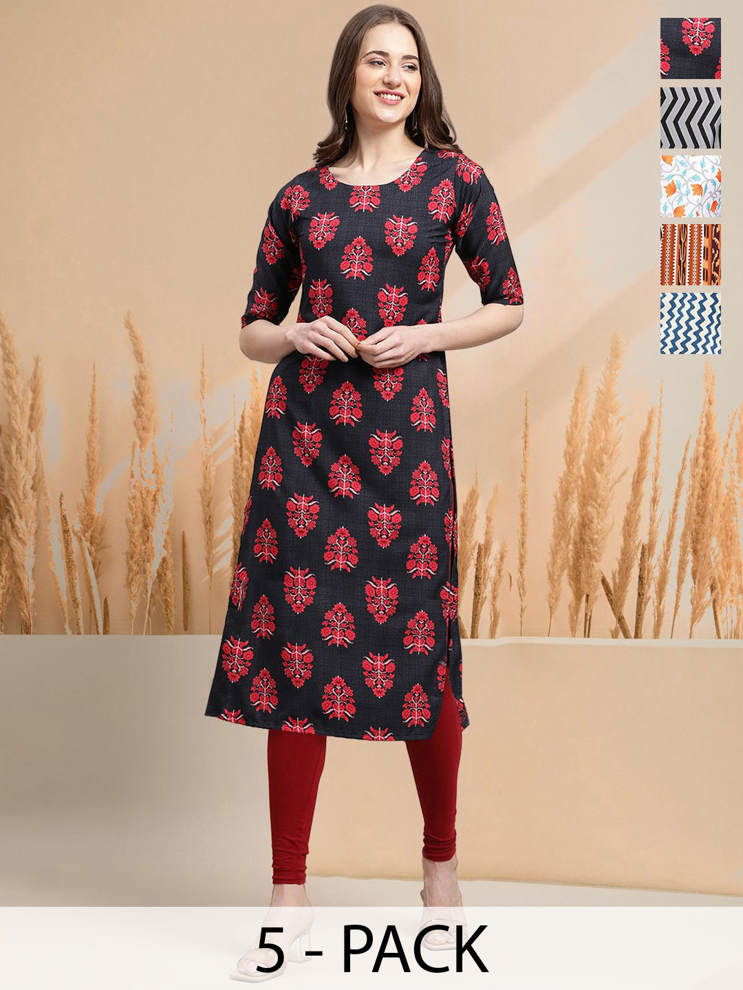 

7Threads Selection of 5 Ethnic Motifs Printed Round Neck Straight Kurtas, Black