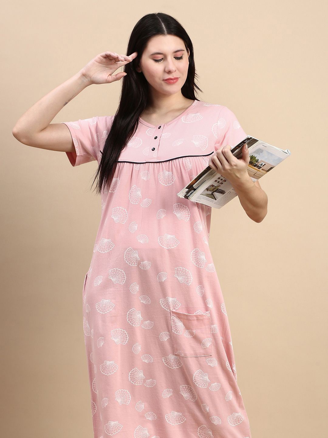 

Kryptic Women Printed Cotton Maxi nightdress, Pink
