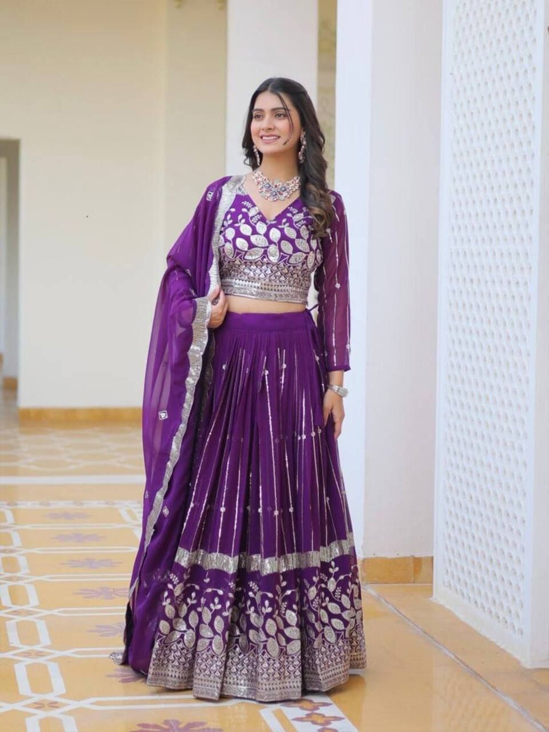 

KALINI Embroidered Sequinned Georgette Ready to Wear Lehenga & Blouse With Dupatta, Purple