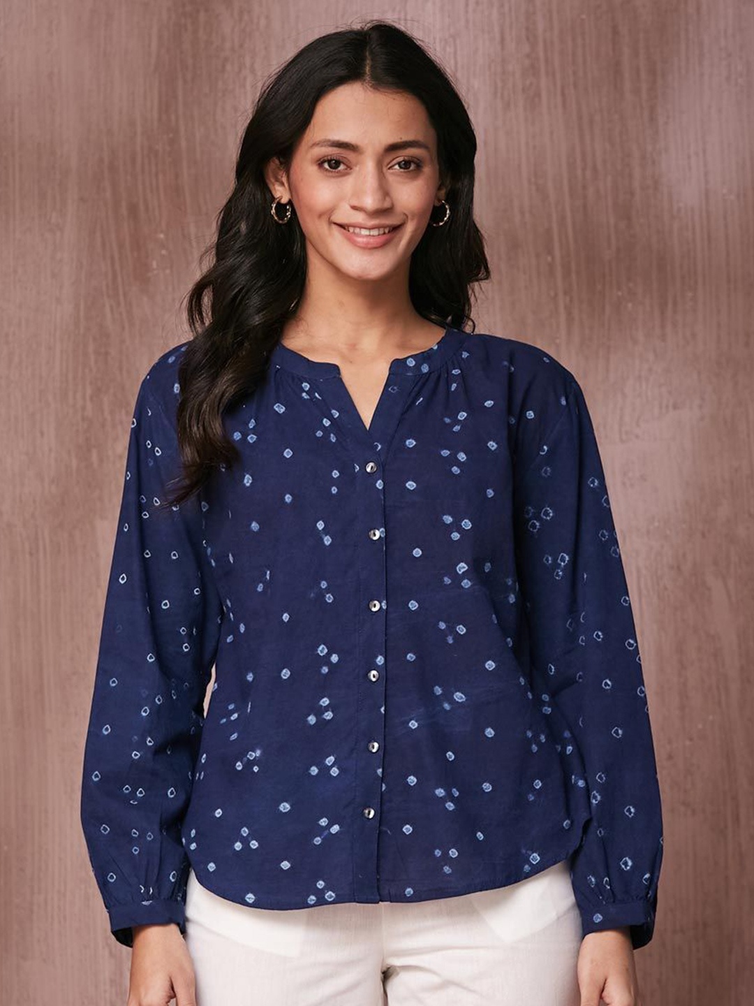 

Fabindia Women Ethnic Motifs Printed Cotton A-Line Top, Blue
