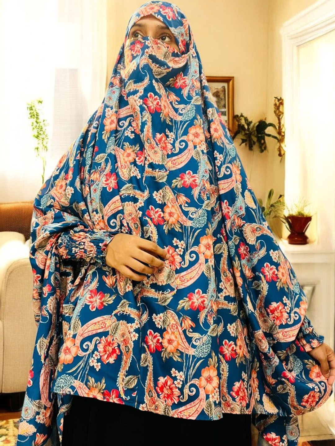 

MUSHKIYA Women Floral Printed Khimar Hijab Burqa, Navy blue