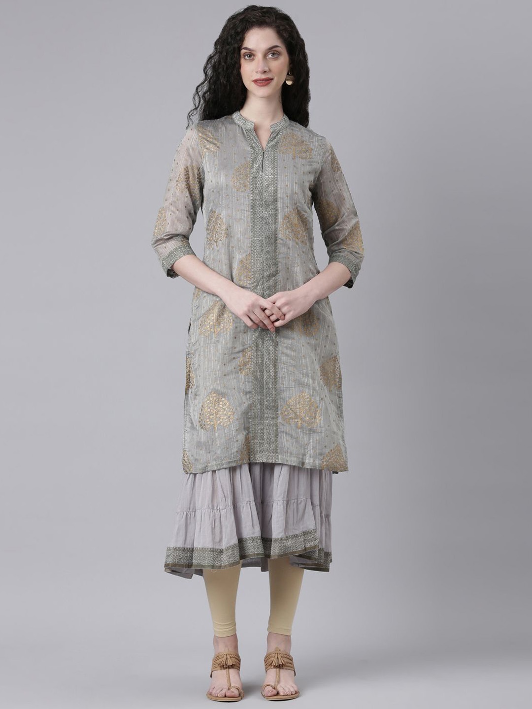 

Souchii Ethnic Motifs Printed Mandarin Collar A-Line Kurta, Grey