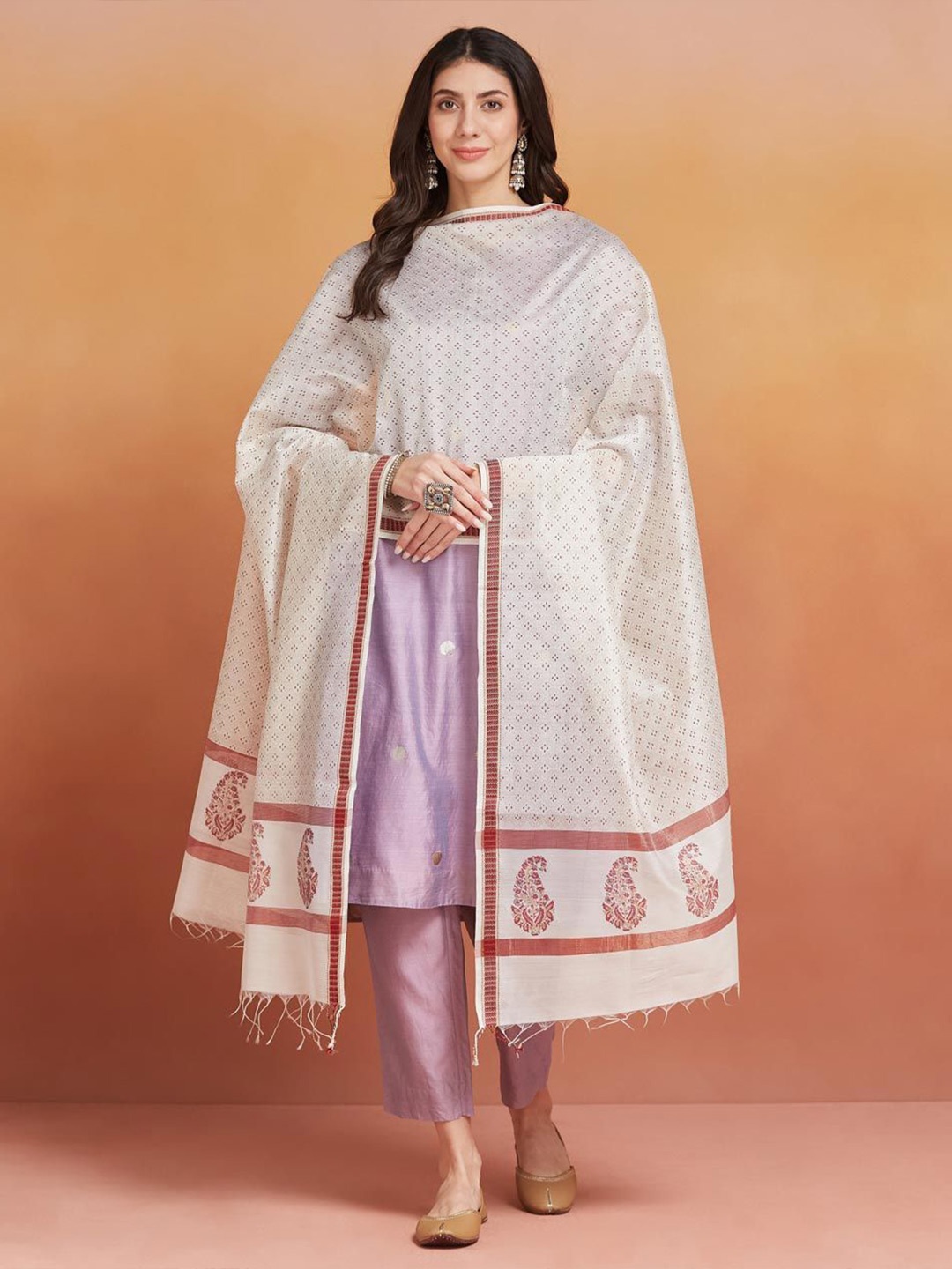 

Fabindia Ethnic Motifs Printed Cotton Silk Dupatta, Beige