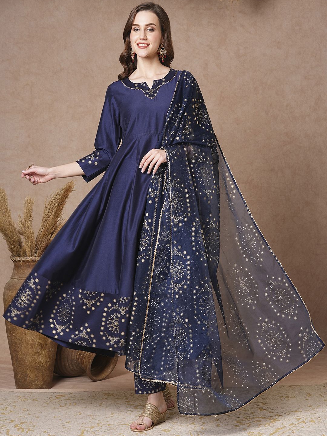 

GoSriKi Gotta Patti Ethnic Motifs Printed Notch Neck Anarkali Kurta With Trouser & Dupatta, Navy blue