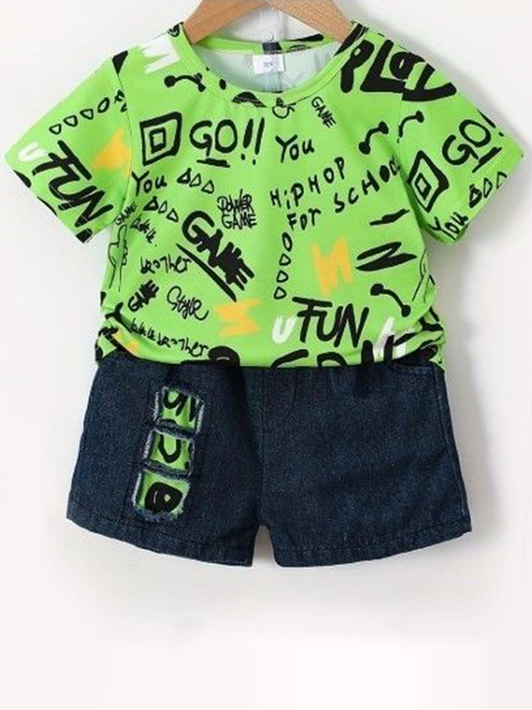 

BILLYBALL Kids Printed Round Neck Pure Cotton T-Shirt With Shorts, Green