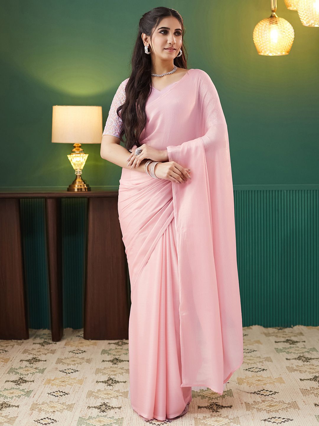 

KALINI Solid Pure Georgette Saree, Pink