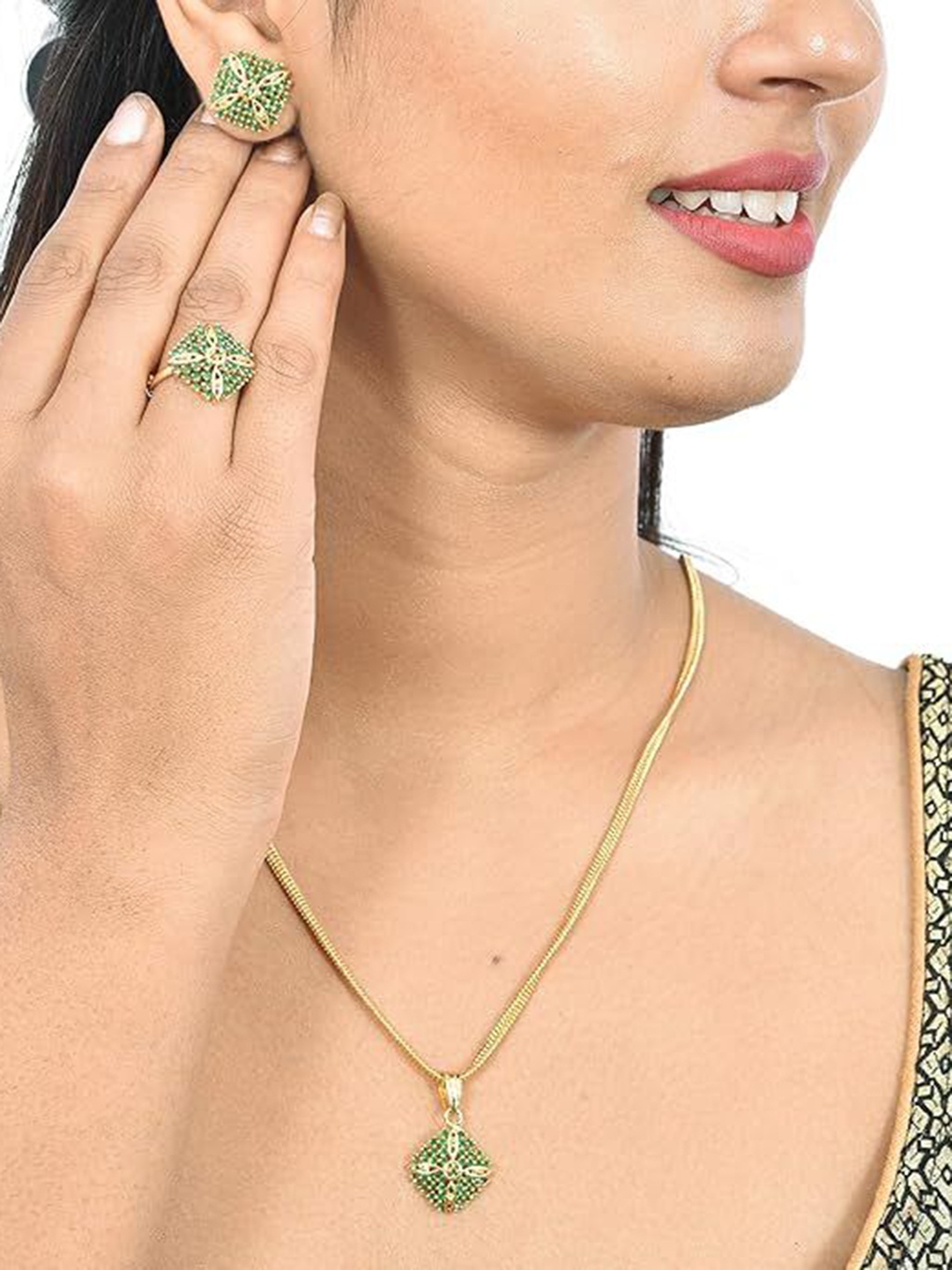 

Kezlin Gold-Plated American Diamond-Studded Pendant & Earrings With Finger Ring