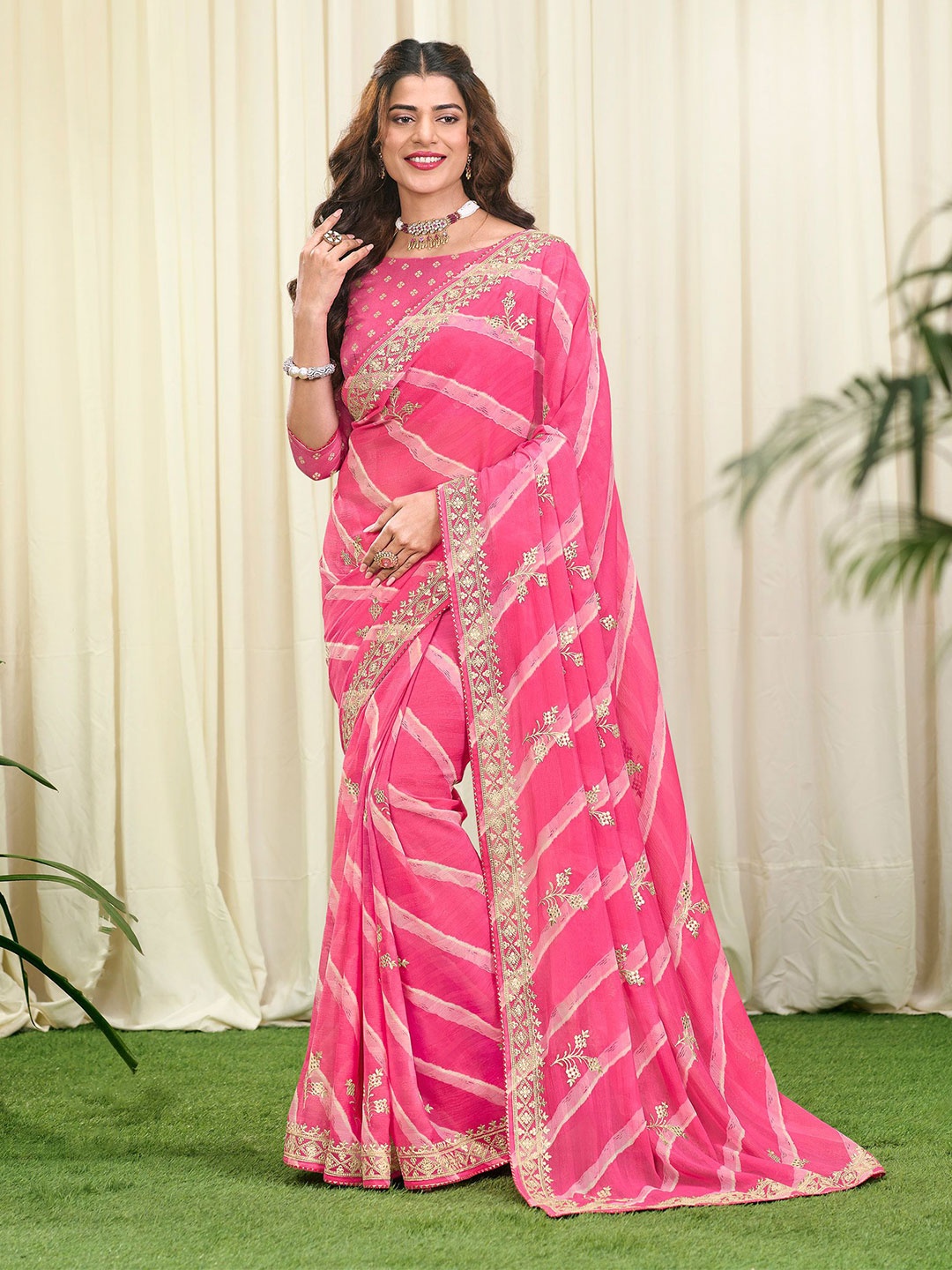 

Laxmipati Embroidered Striped Saree, Pink