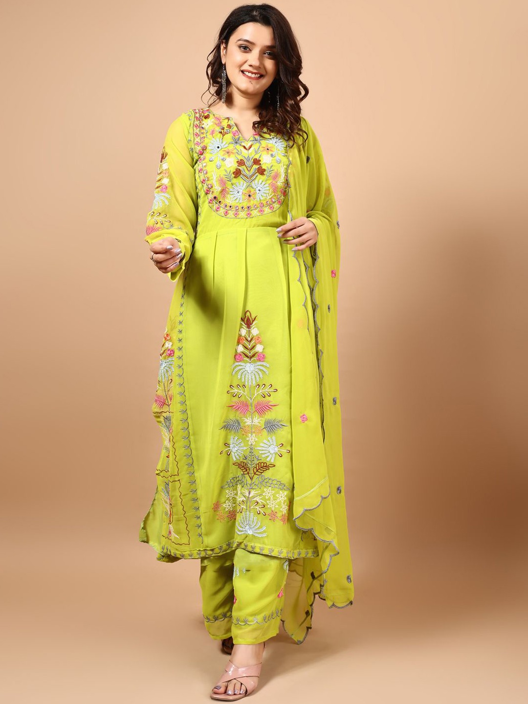 

Anara Embroidered Notch Neck Mirror Work Georgette A-Line Kurta With Palazzos & Dupatta, Green