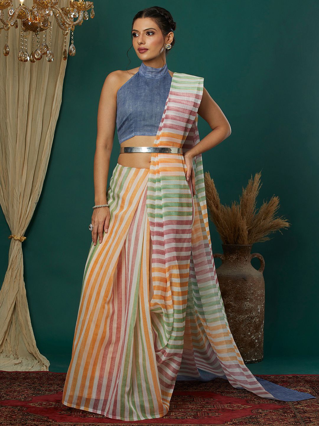 

KALINI Striped Saree, Green