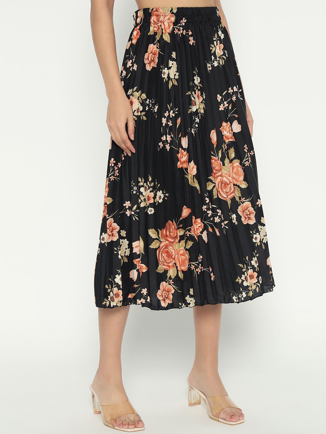 

Femvy Women Floral Printed Pleated A-Line Midi Skirt, Black
