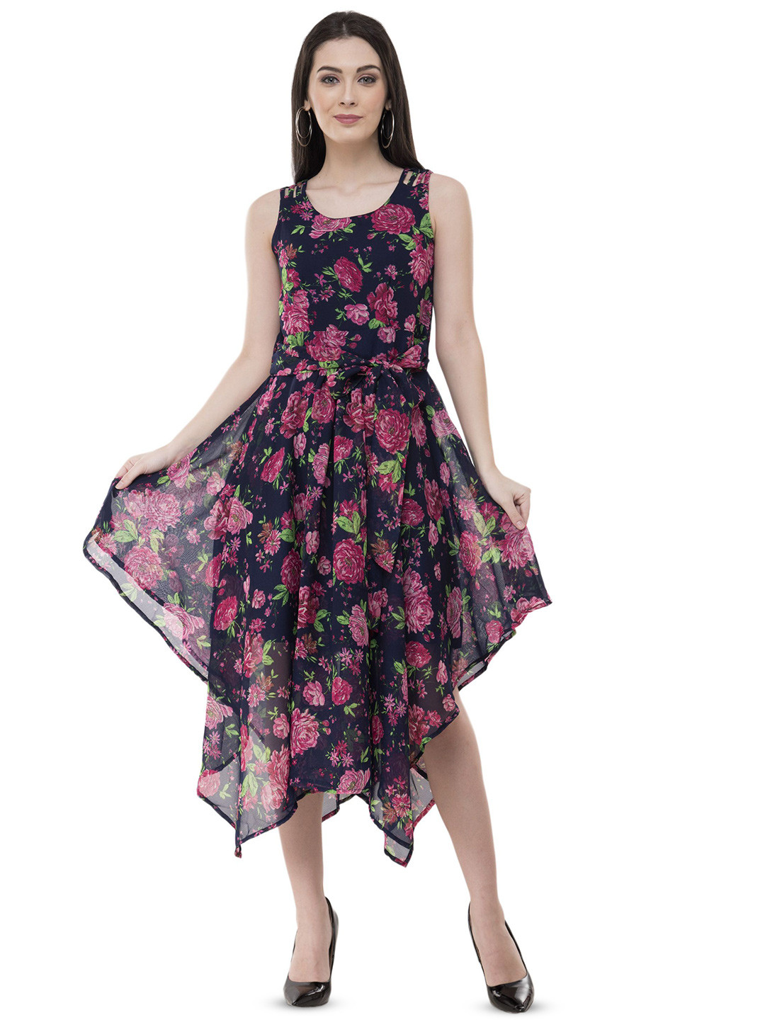 

SHAHVEER CREATION Women Floral Printed Sleeveless Fit & Flare Midi Dress, Black