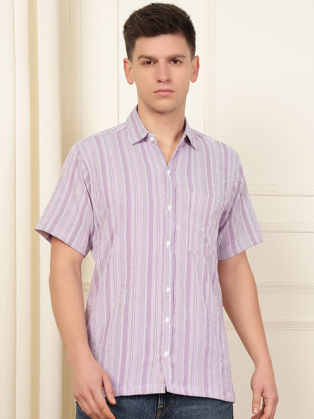 

WOXEN Men Original Fit Spread Collar Vertical Striped Casual Shirt, Purple