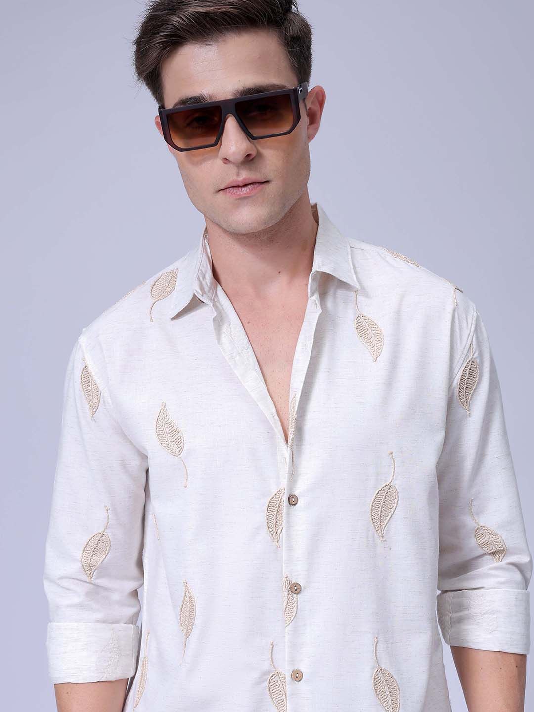 

The Indian Garage Co Men Relaxed Fit Embroidery Resortwear Shirt, Beige