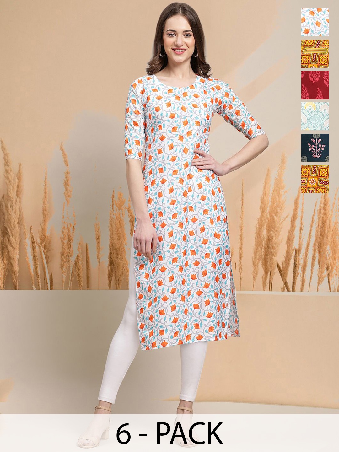 

7Threads Selection Of 6 Floral Printed Round Neck Straight Kurtas, White