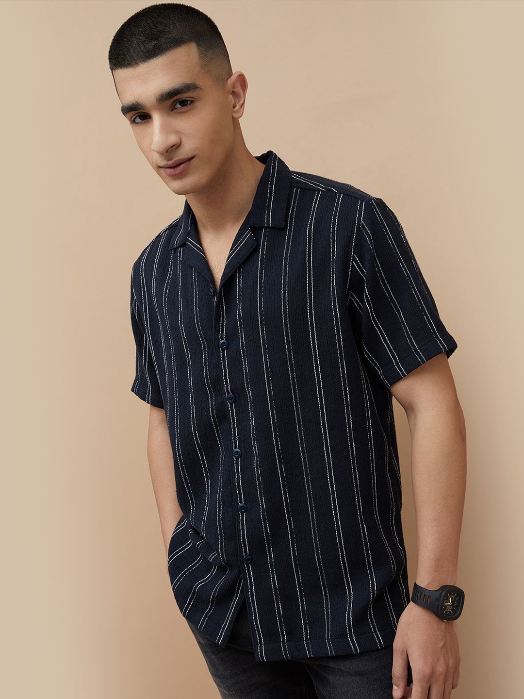 

Forca Men Cuban Collar Vertical Striped Cotton Casual Shirt, Black