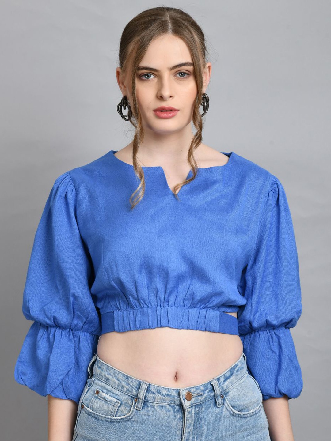 

DressBerry Puff Sleeve Blouson Top, Blue