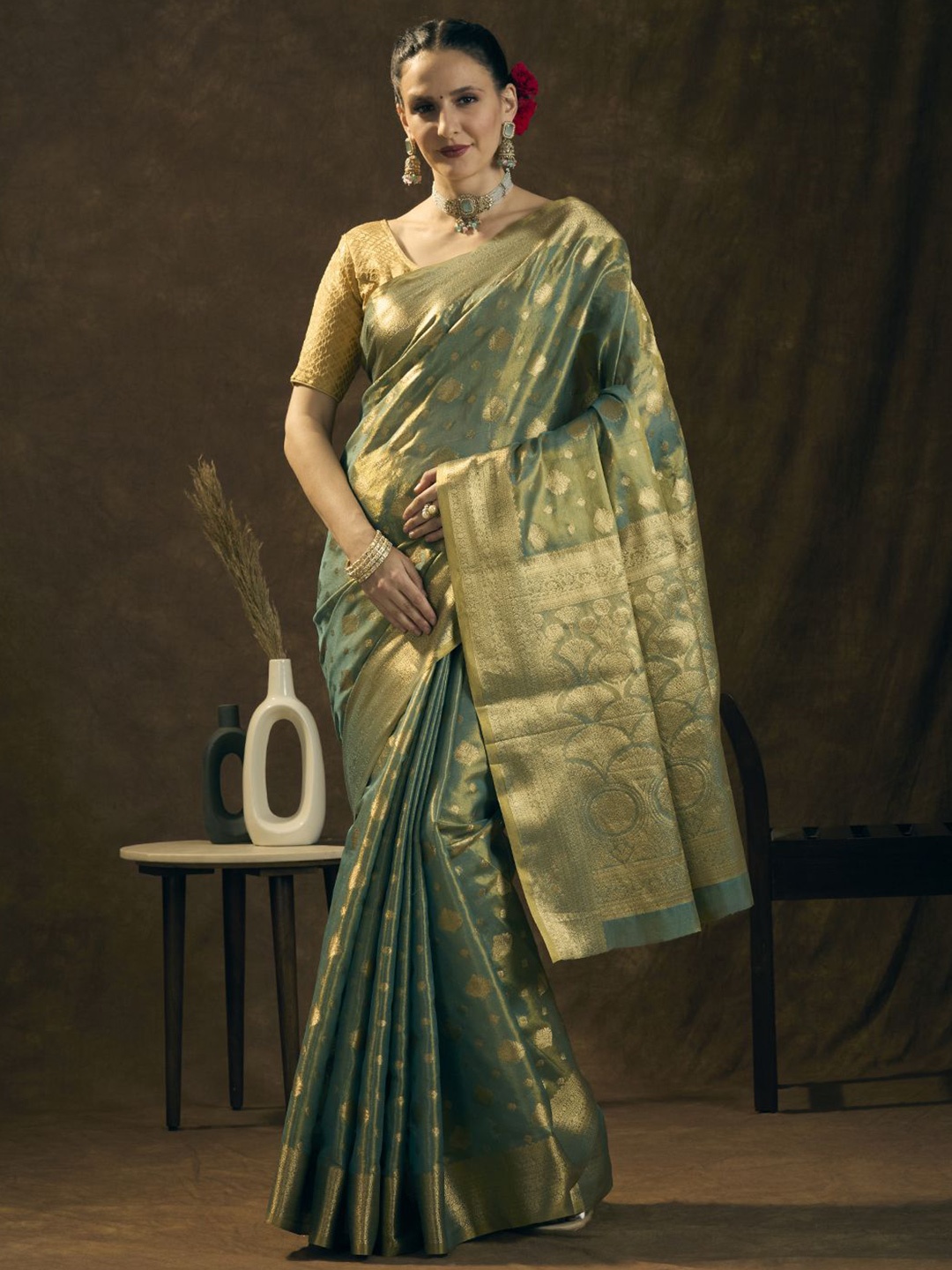 

JUST FASHION Ethnic Motifs Zari Tissue Banarasi Saree, Teal