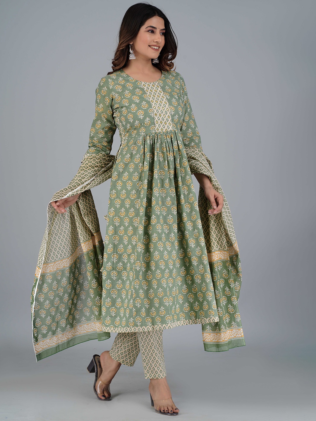 

Mishree Collection Ethnic Motifs Pure Cotton Pleated A-Line Kurta With Trousers & Dupatta, Green