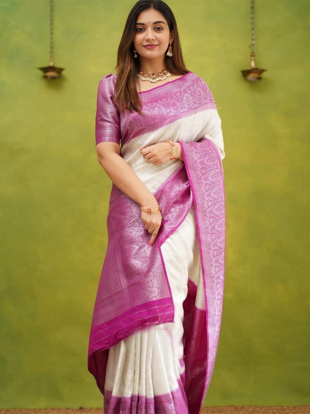 

Upalksh Woven Design Zari Pure Cotton Kanjeevaram Saree, White