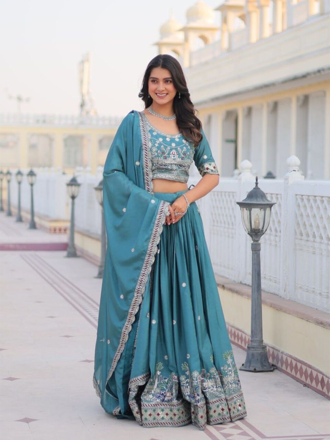 

KALINI Embroidered Ready to Wear Lehenga & Unstitched Blouse With Dupatta, Turquoise blue