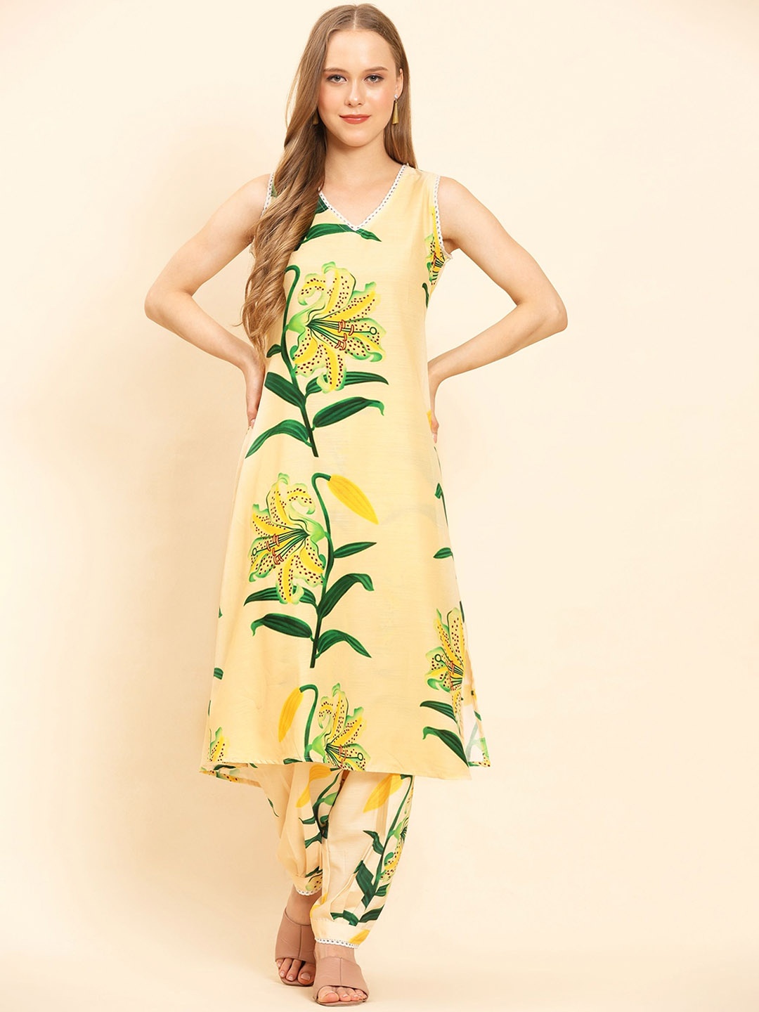 

Raave Women Floral Printed V-Neck Sleeveless A-line Kurta With Trousers, Yellow