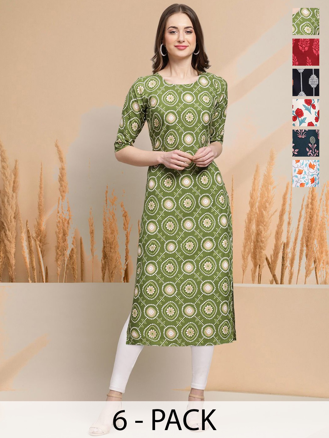 

7Threads Selection Of 6 Geometric Printed Round Neck Straight Kurtas, Green