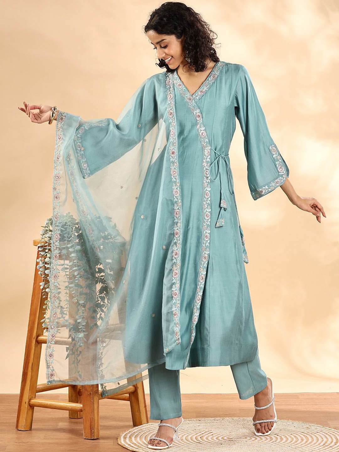 

Yufta Floral Embroidered Silk Blend V-Neck Angrakha A-Line Kurta With Trousers And Dupatta, Teal
