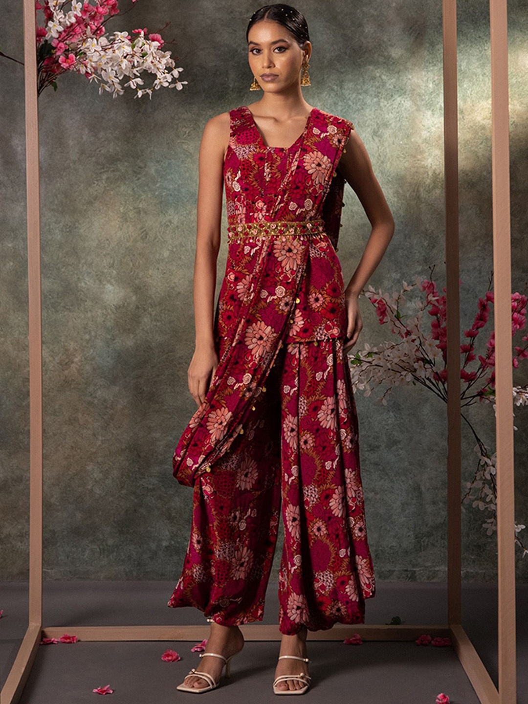 

Mehak Murpana Printed V-Neck Pure Silk Top With Palazzo And Belt, Pink