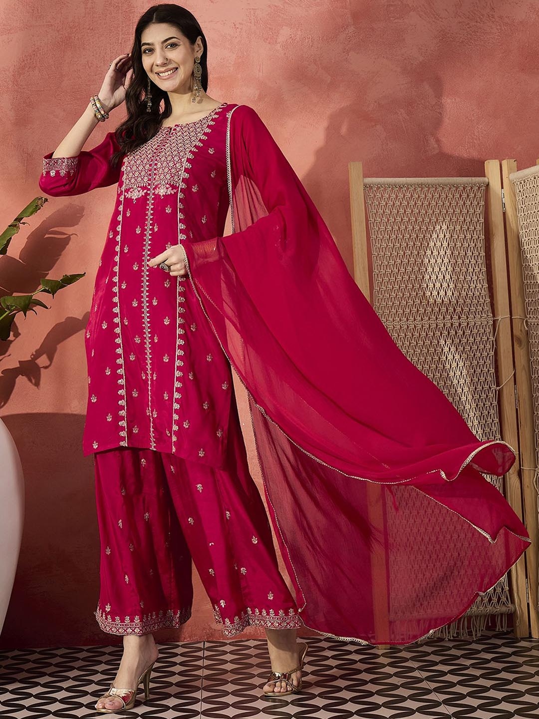 

Sangria Embroidered Round Neck Straight Kurta & Palazzos With Dupatta, Red