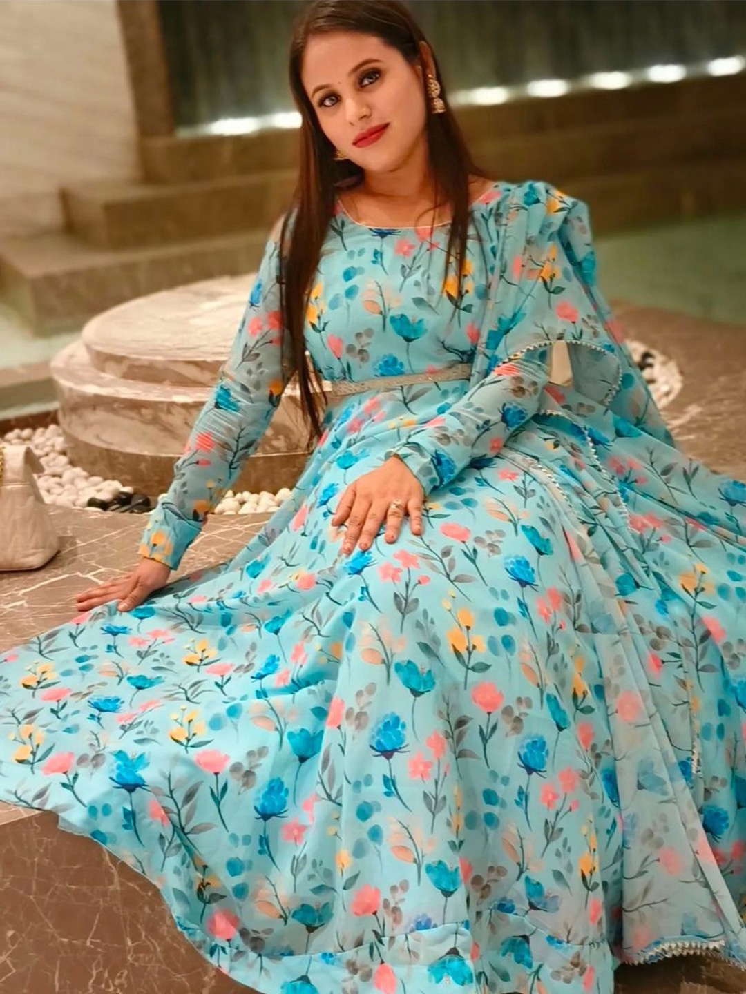 

A TO Z CART Floral Printed Georgette Ethnic Dress With Dupatta, Turquoise blue