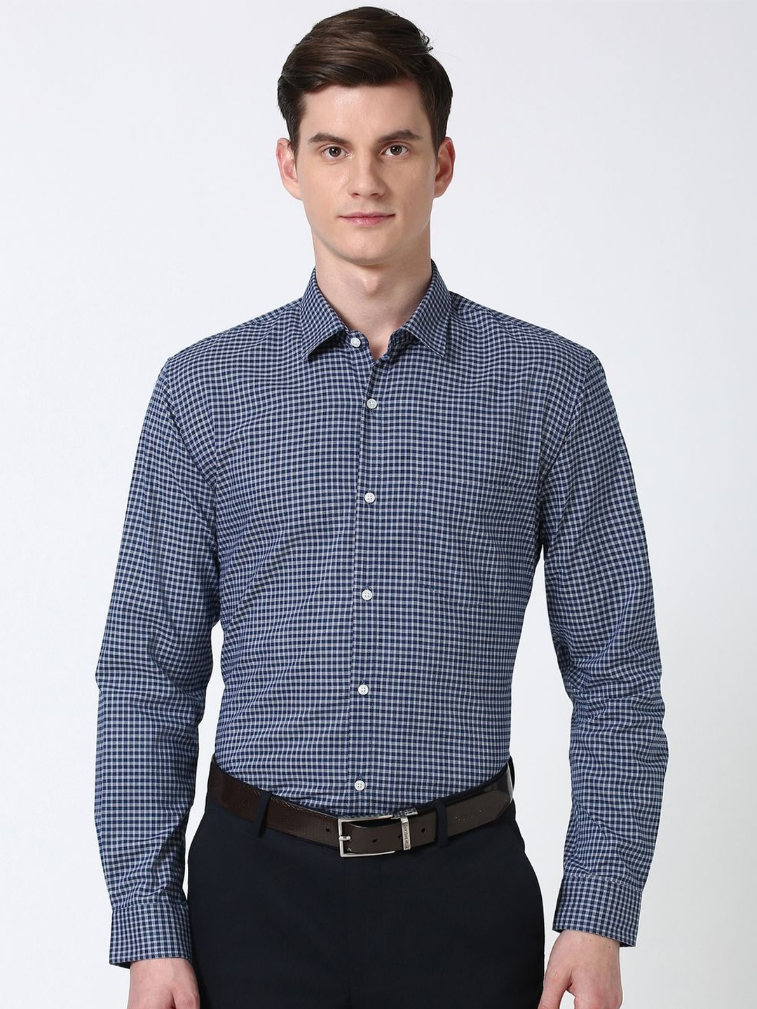 

Peter England Men Slim Fit Spread Collar Grid Tattersall Checked Cotton Formal Shirt, Navy blue