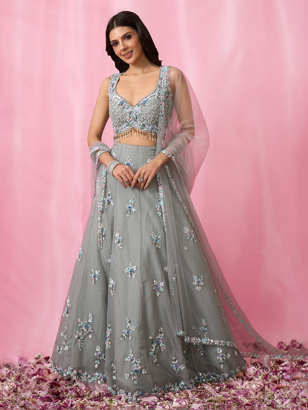 

Alaya Advani Embellished Beads and Stones Ready to Wear Lehenga & Blouse With Dupatta, Grey