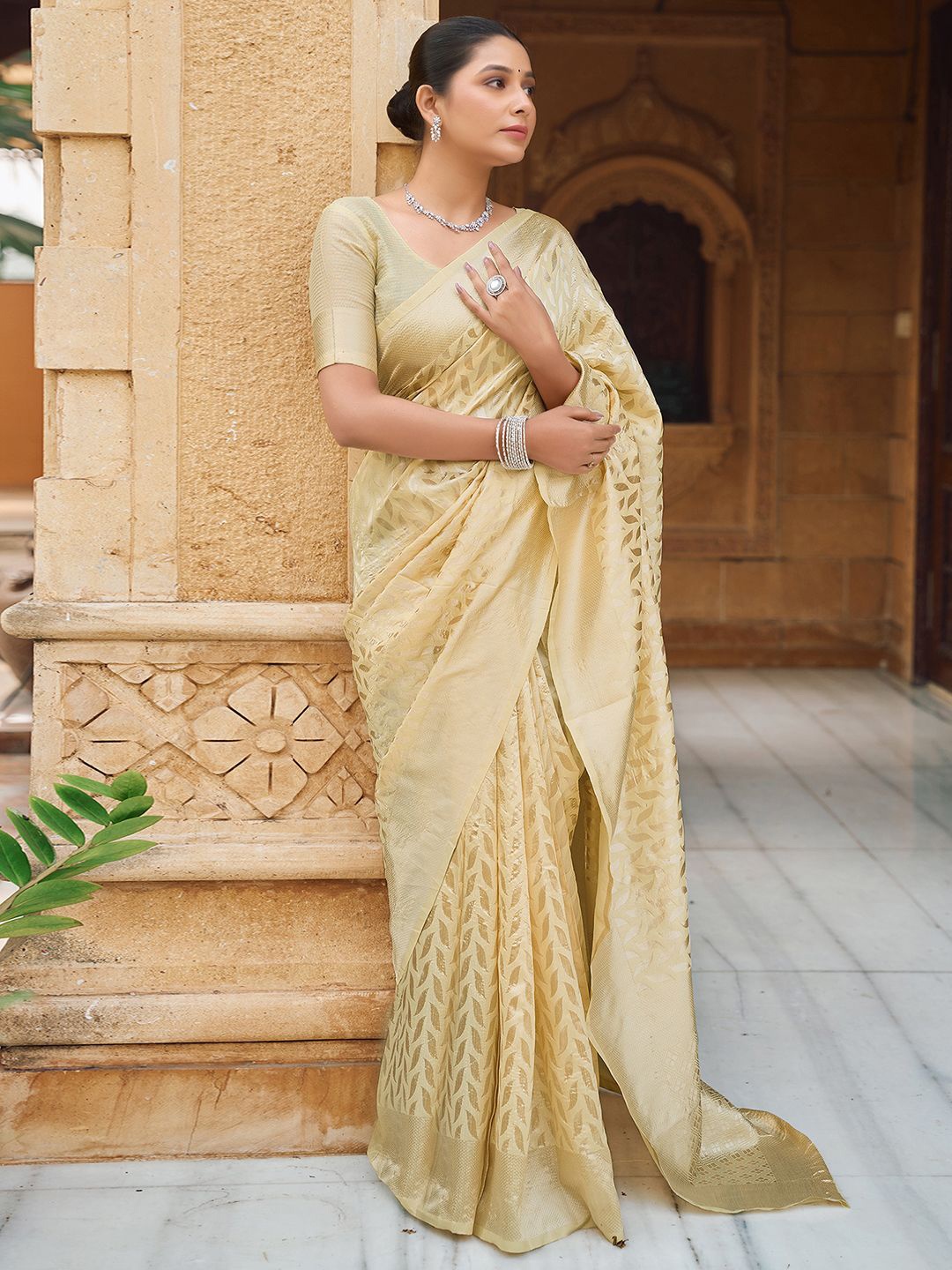 

KALINI Ethnic Motifs Zari Saree, Beige