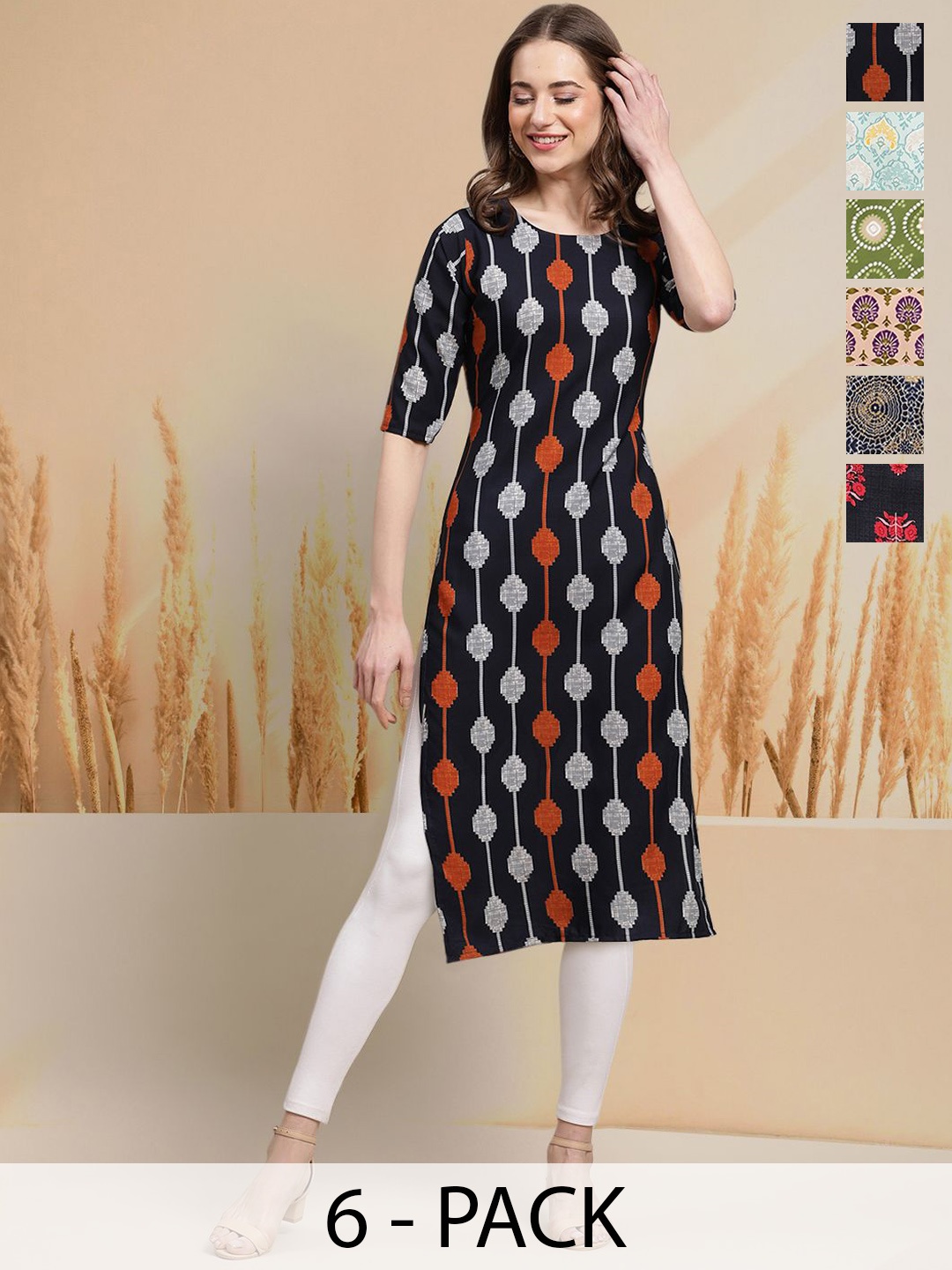 

7Threads Selection Of 6 Ethnic Motifs Printed Round Neck Straight Kurtas, Black